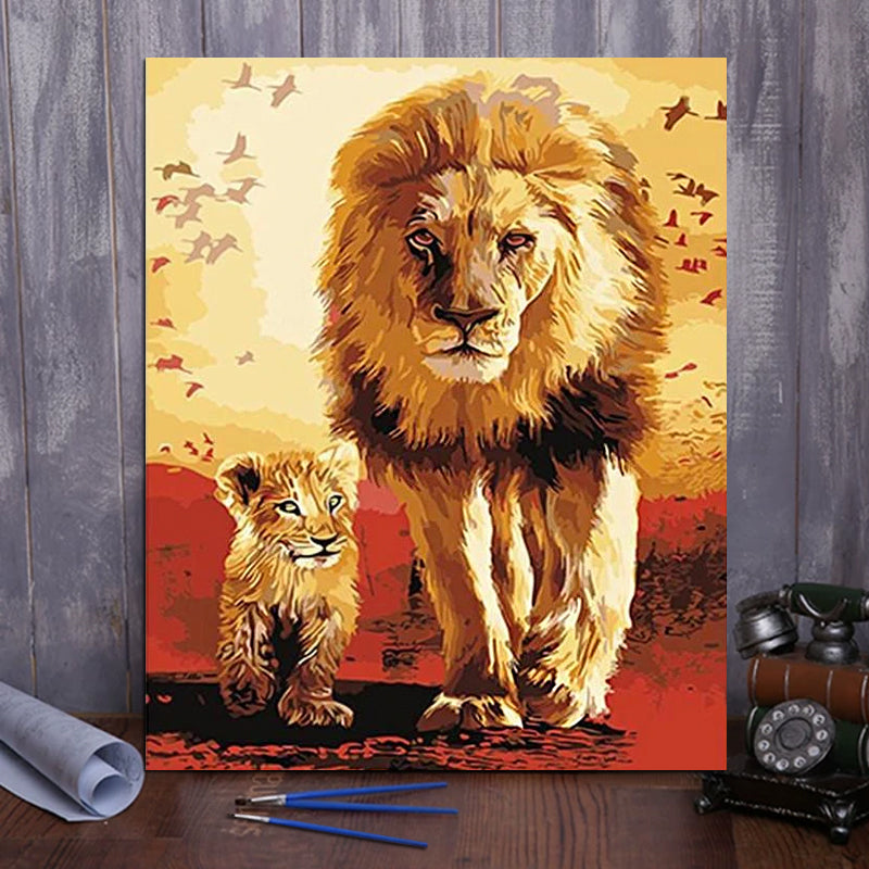 DIY Painting By Numbers - Lion Father And Son (16"x20" / 40x50cm)