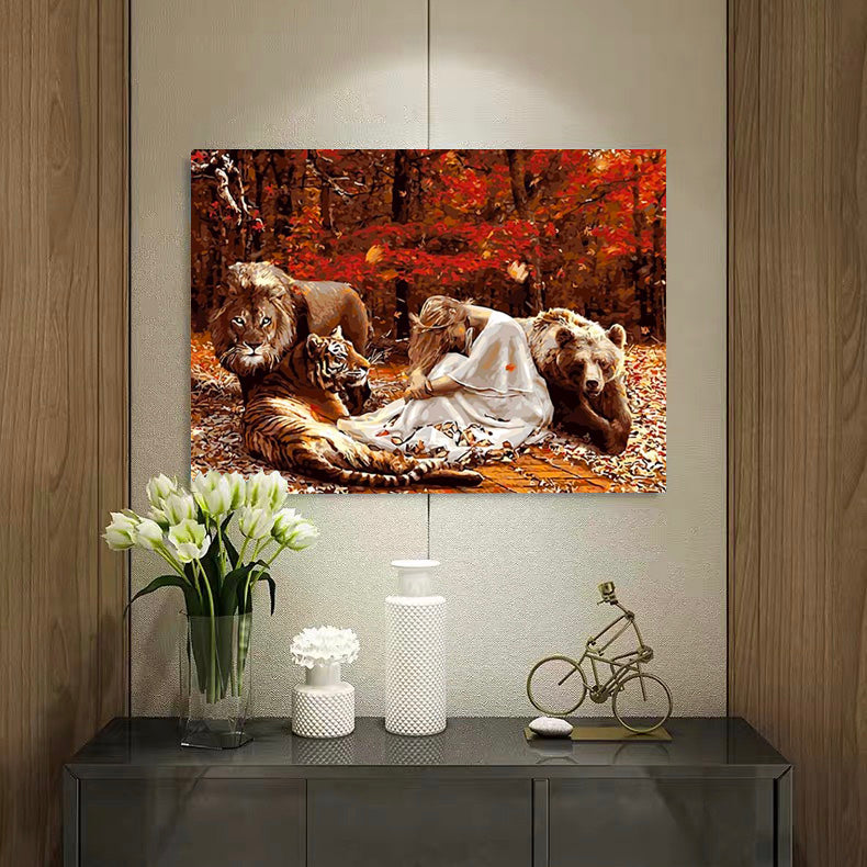 DIY Painting By Numbers - Lion, Tiger, Girl And Bear (16"x20" / 40x50cm)