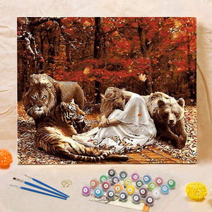 DIY Painting By Numbers - Lion, Tiger, Girl And Bear (16"x20" / 40x50cm)