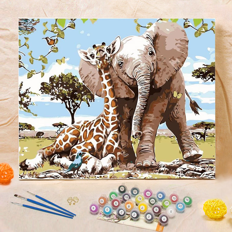DIY Painting By Numbers -  Giraffe and elephant(16"x20" / 40x50cm)