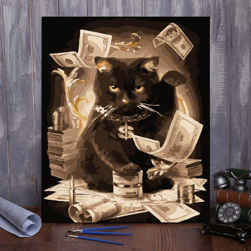 DIY Painting By Numbers - Cat With Money  (16"x20" / 40x50cm)
