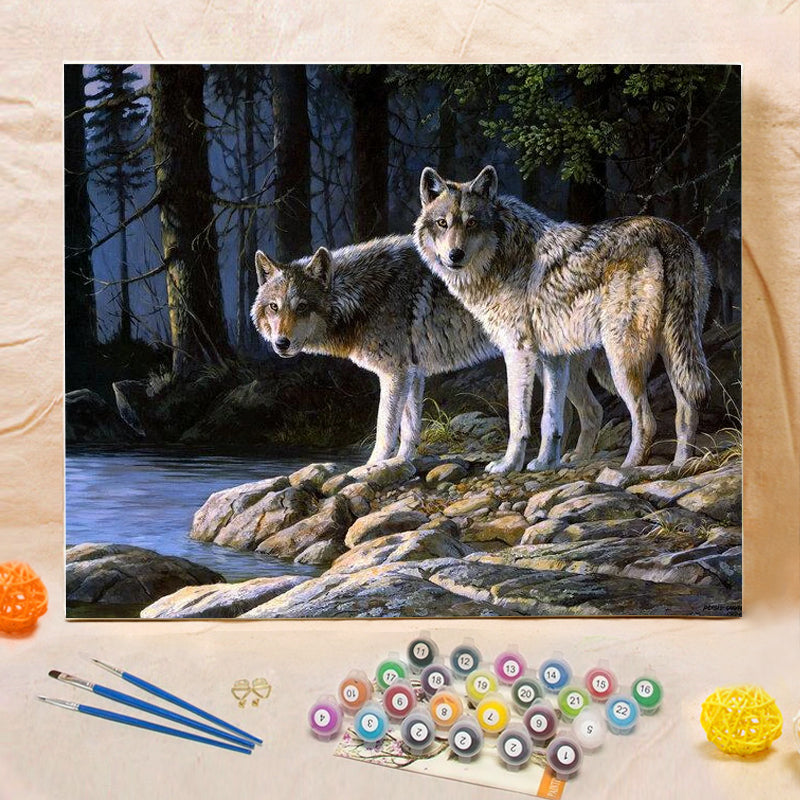 DIY Painting By Numbers -Wolf By The River(16"x20" / 40x50cm)