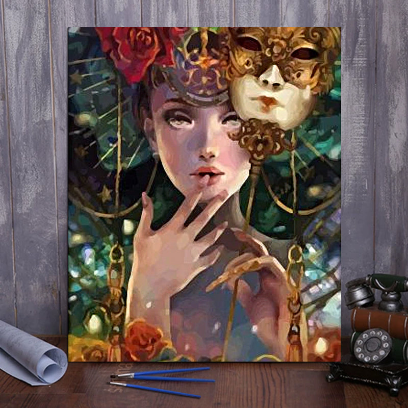 DIY Painting By Numbers -Girl With Mask (16"x20" / 40x50cm)