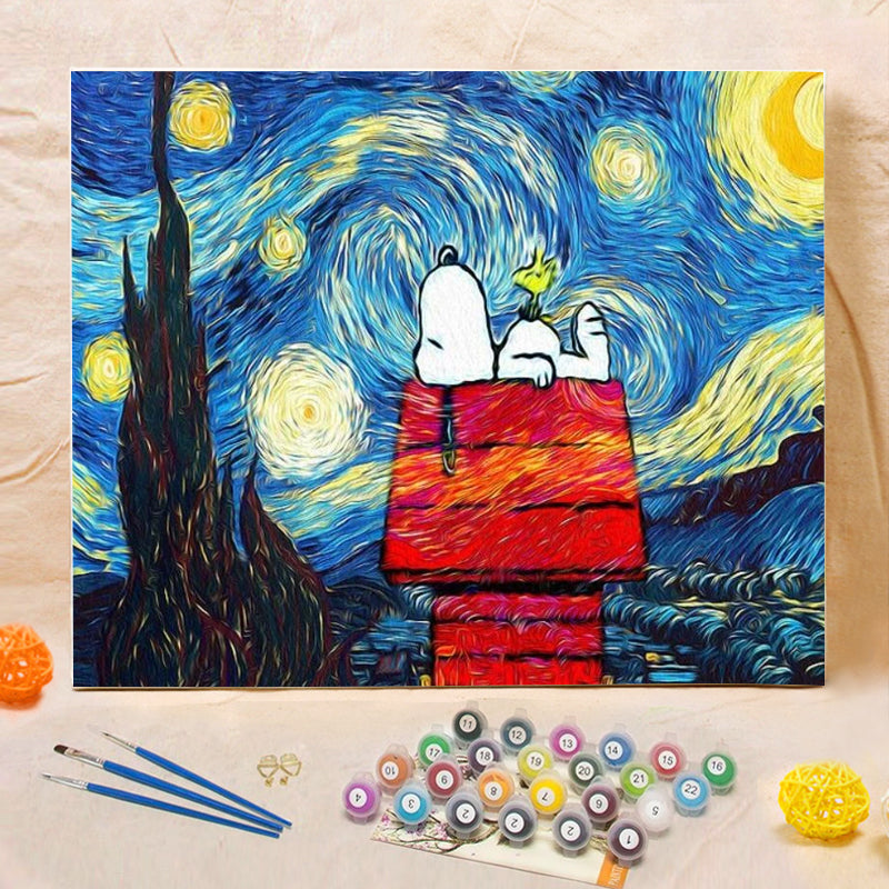 DIY Painting By Numbers -  Snoopy Under Starry Night (16"x20" / 40x50cm)