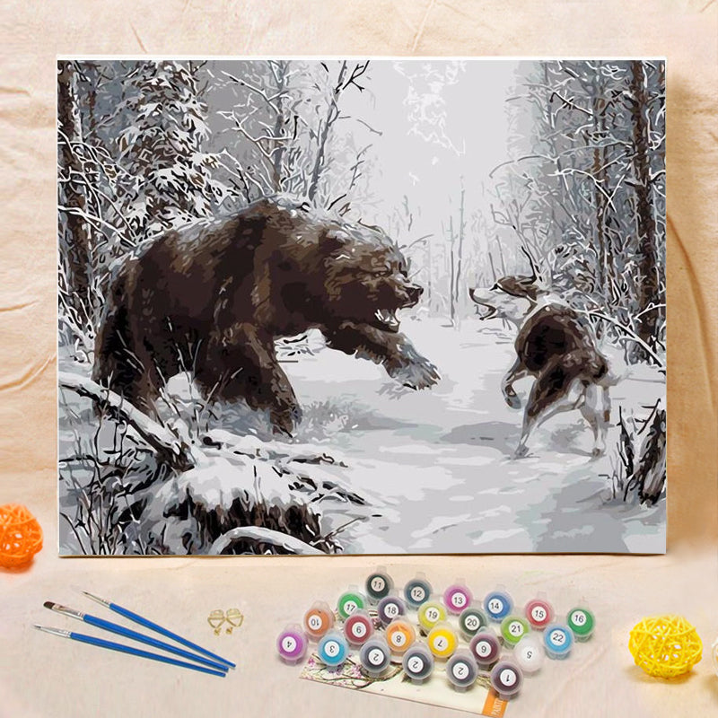 DIY Painting By Numbers - Dueling Bear And Wolf (16"x20" / 40x50cm)