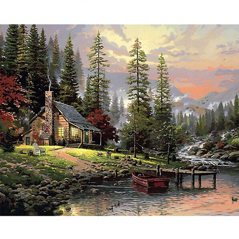 DIY Painting By Numbers -  Cabin in the woods (16"x20" / 40x50cm)