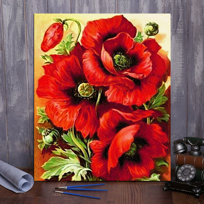 DIY Painting By Numbers - Red Flower (16"x20" / 40x50cm)