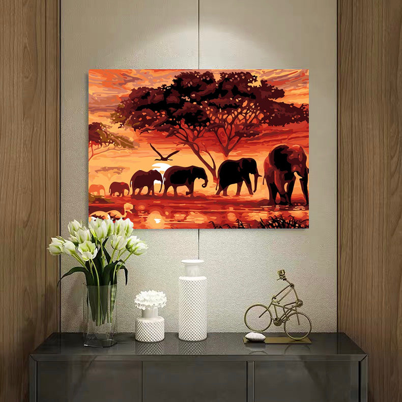 DIY Painting By Numbers - Elephants Landscape (16"x20" / 40x50cm)