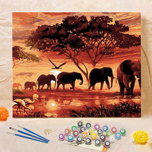 DIY Painting By Numbers - Elephants Landscape (16"x20" / 40x50cm)