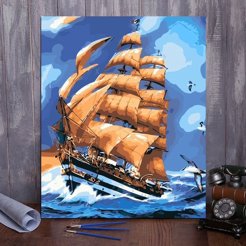 DIY Painting By Numbers - Boat and Seagull (16"x20" / 40x50cm)