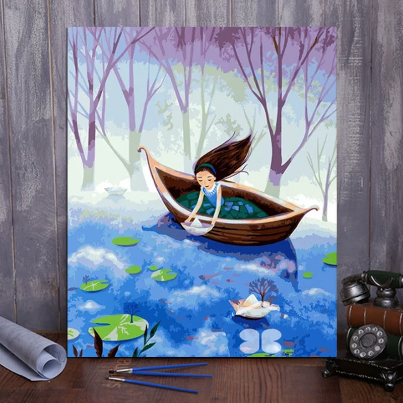 DIY Painting By Numbers -Girl On A Canoe (16"x20" / 40x50cm)
