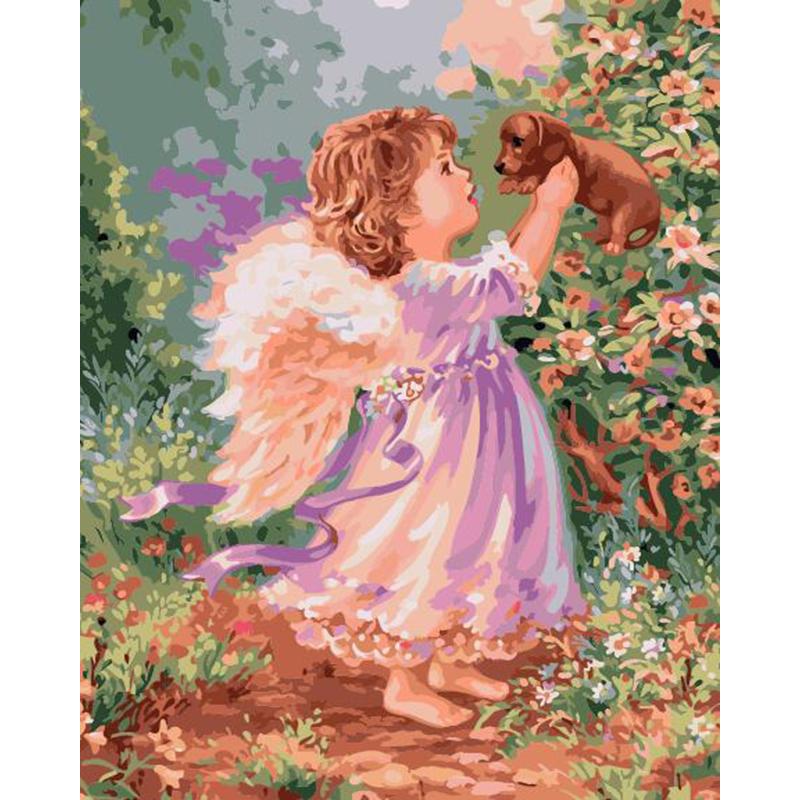 DIY Painting By Numbers -Angel Girl With Puppy (16"x20" / 40x50cm)
