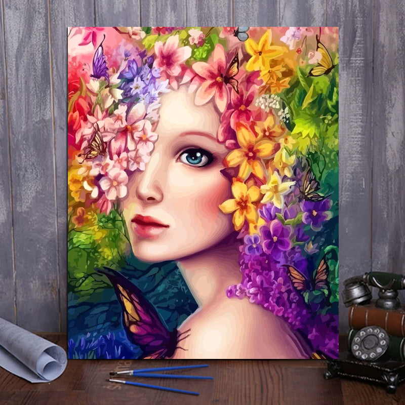DIY Painting By Numbers -Girl With Colorful Flowers  (16"x20" / 40x50cm)