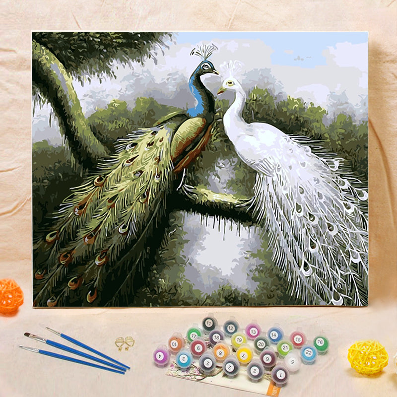 DIY Painting By Numbers - Peacocks in love (16"x20" / 40x50cm)