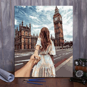 DIY Painting By Numbers - Girl And Big Ben (16"x20" / 40x50cm)