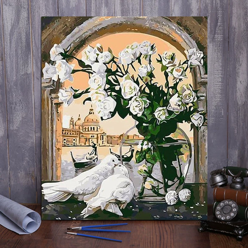 DIY Painting By Numbers - White Pigeons And Flowers (16"x20" / 40x50cm)
