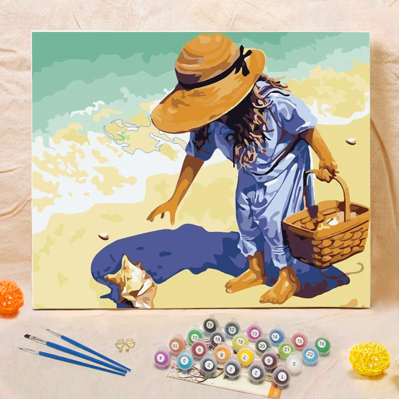 DIY Painting By Numbers -  Little Girl On The Beach(16"x20" / 40x50cm)