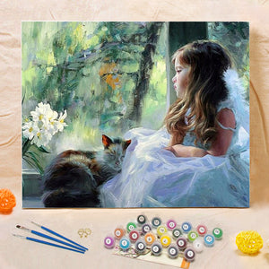 DIY Painting By Numbers - Girl And Cat (16"x20" / 40x50cm)