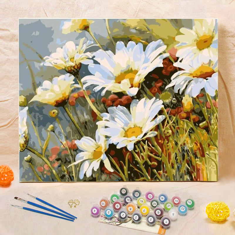 DIY Painting By Numbers - White Flowers (16"x20" / 40x50cm)