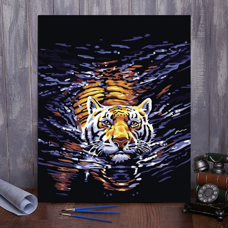 DIY Painting By Numbers - Tiger In Water(16"x20" / 40x50cm)
