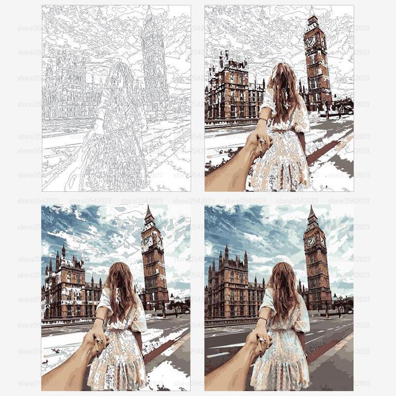 DIY Painting By Numbers - Girl And Big Ben (16"x20" / 40x50cm)